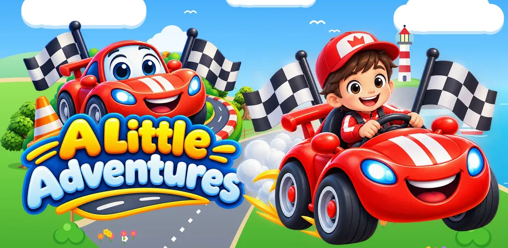 A Little Adventures feature art: the game logo next to a smiling red race car and its young driver, between checkered flags.