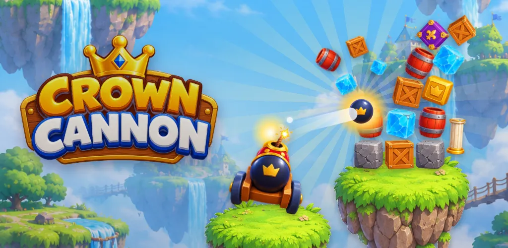 الرسم الترويجي للعبة Crown Cannon: شعار Crown Cannon بجانب مدفع ملكي يطلق على برج من البراميل والصناديق وكتل الجليد فوق جزيرة عائمة.