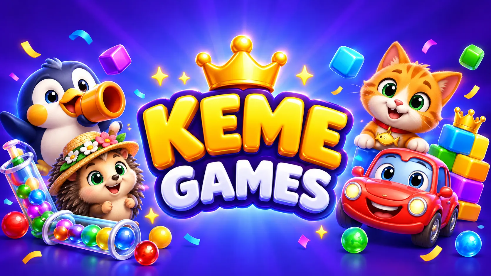 شعار Keme Games يعلوه تاج ذهبي، وحوله شخصيات وعناصر من ألعاب الاستوديو: بطريق يحمل مدفعًا، وقنفذ بستاني، وقطة صغيرة، وسيارة حمراء صغيرة، وأنابيب من الكرات الزجاجية، ومكعبات مكدّسة.