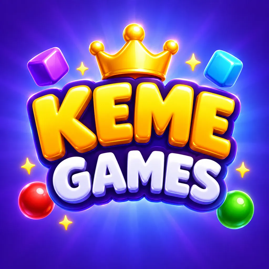 شعار Keme Games: تاج ذهبي فوق عبارة KEME GAMES، وحوله مكعبات وكرات زجاجية ملوّنة تطفو.