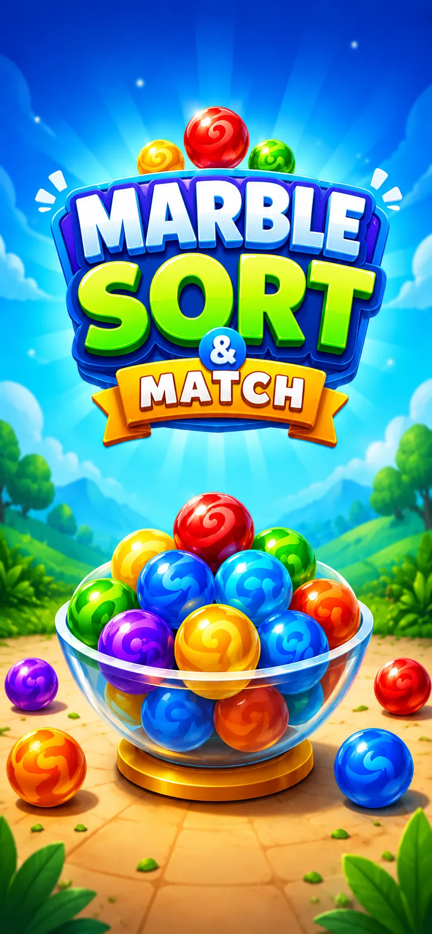 Marble Sort key art: the game's logo above a bowl of shiny, colorful marbles.