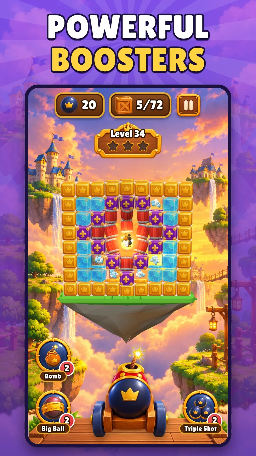 Store screenshot captioned “Powerful boosters”: a wall of blocks at sunset, with the Bomb, Big Ball and Triple Shot boosters.