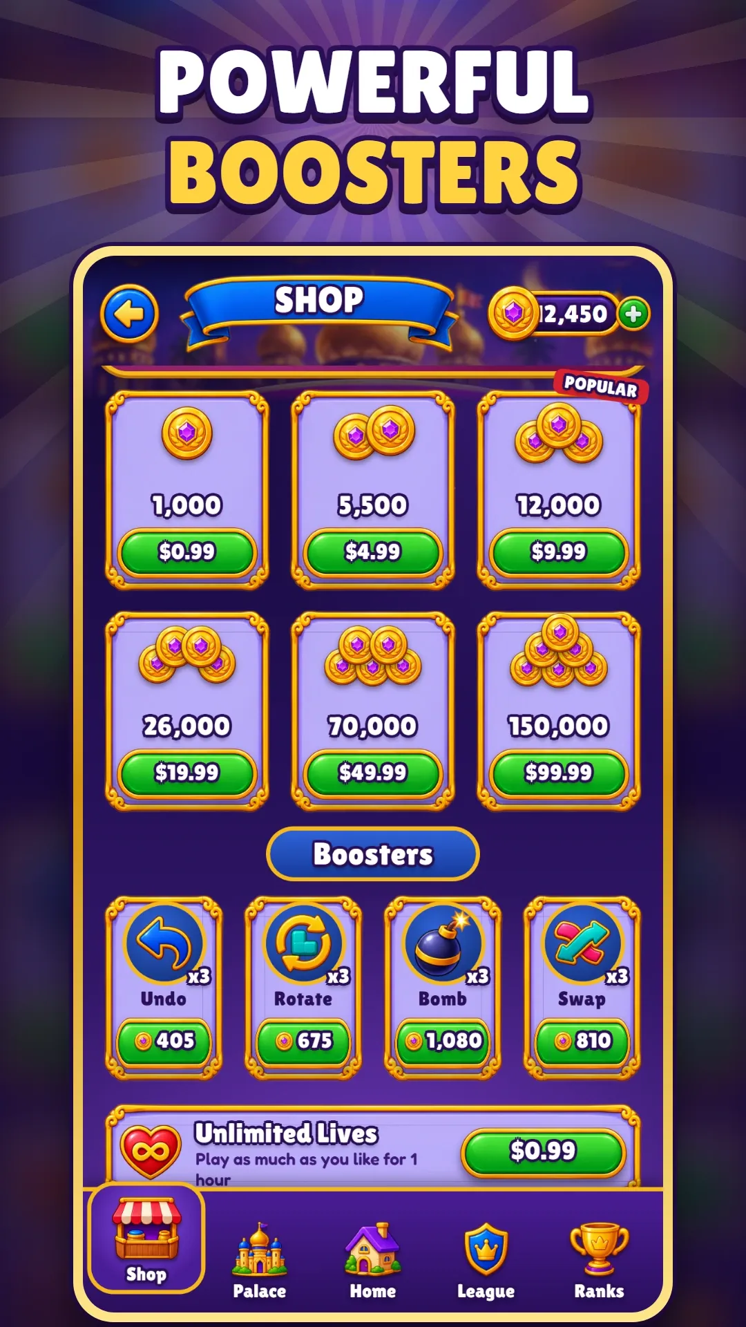 Store screenshot captioned “Powerful boosters”: the shop, with coin packs and the Undo, Rotate, Bomb and Swap boosters.