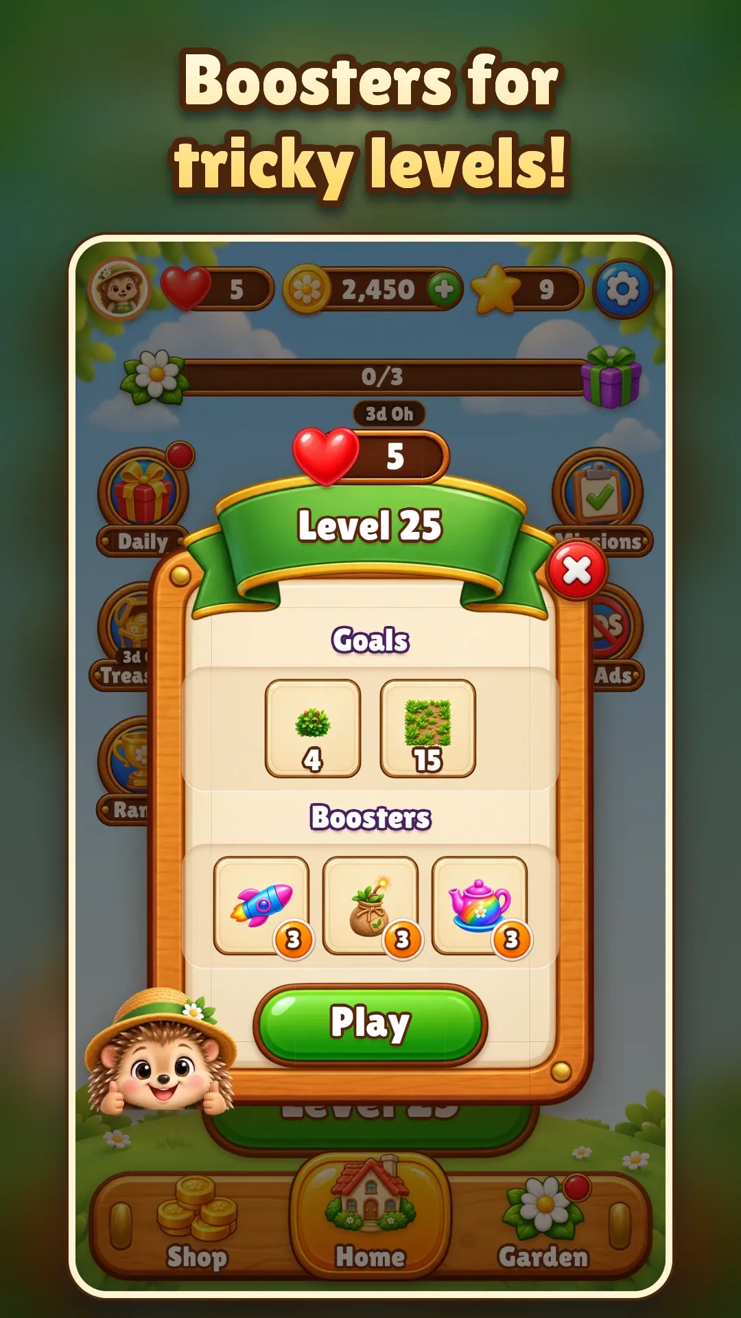 Store screenshot captioned “Boosters for tricky levels!”: a level's start window with its goals and boosters to choose.