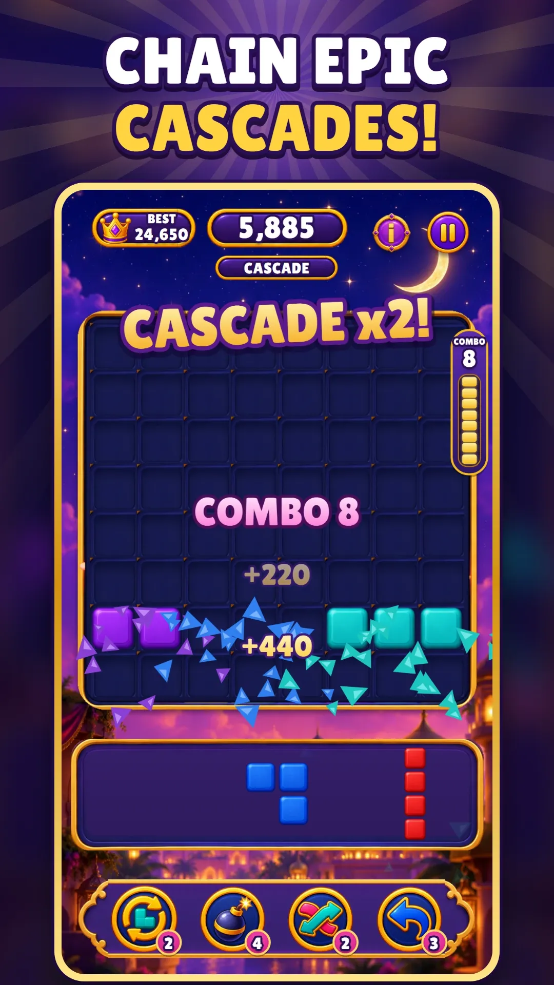 Store screenshot captioned “Chain epic cascades!”: the board flashes Cascade x2 and Combo 8 as rows clear.