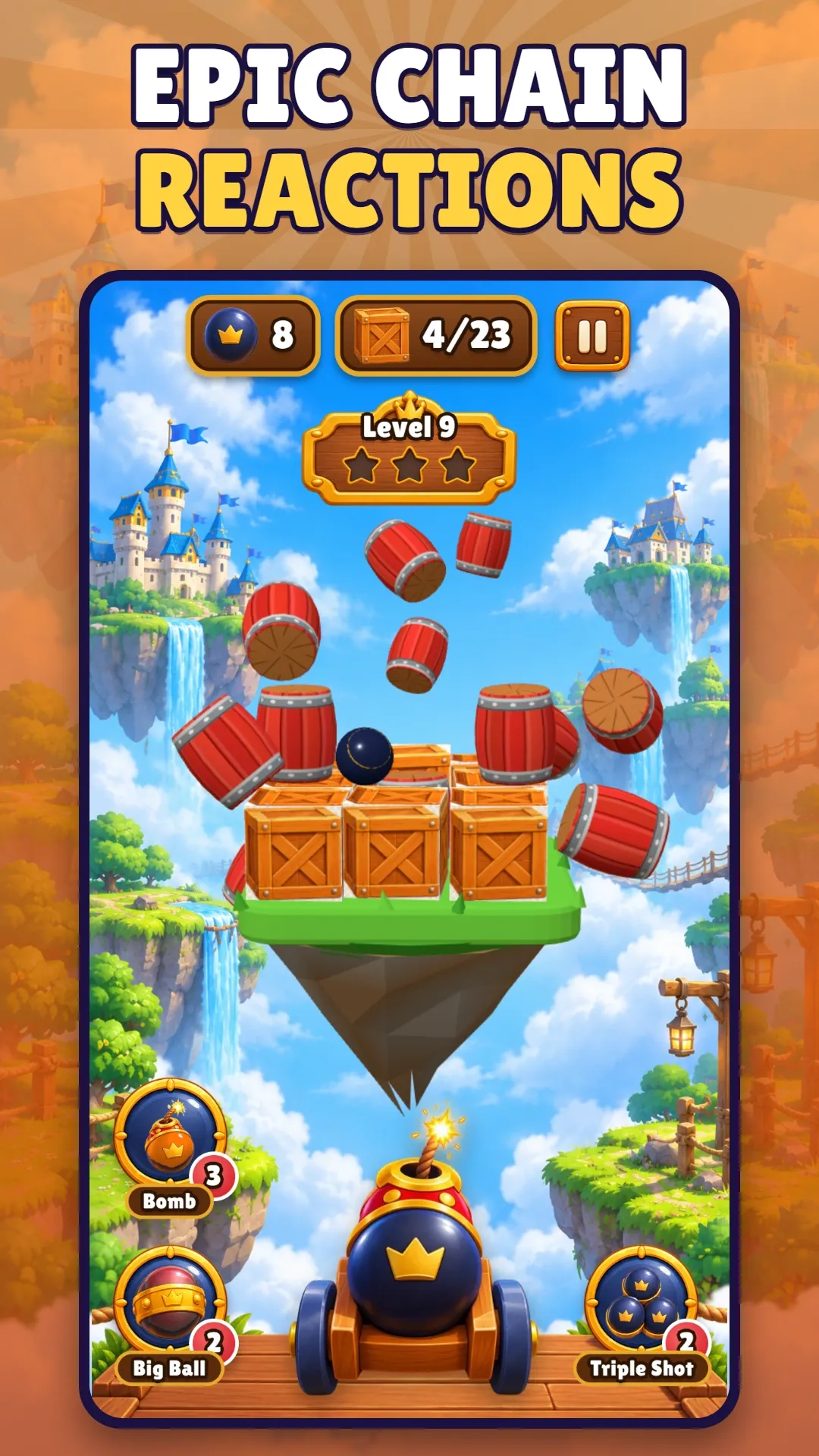 لقطة من المتجر بعنوان “Epic chain reactions”: براميل وصناديق تتهاوى عن جزيرة بعد قذيفة.