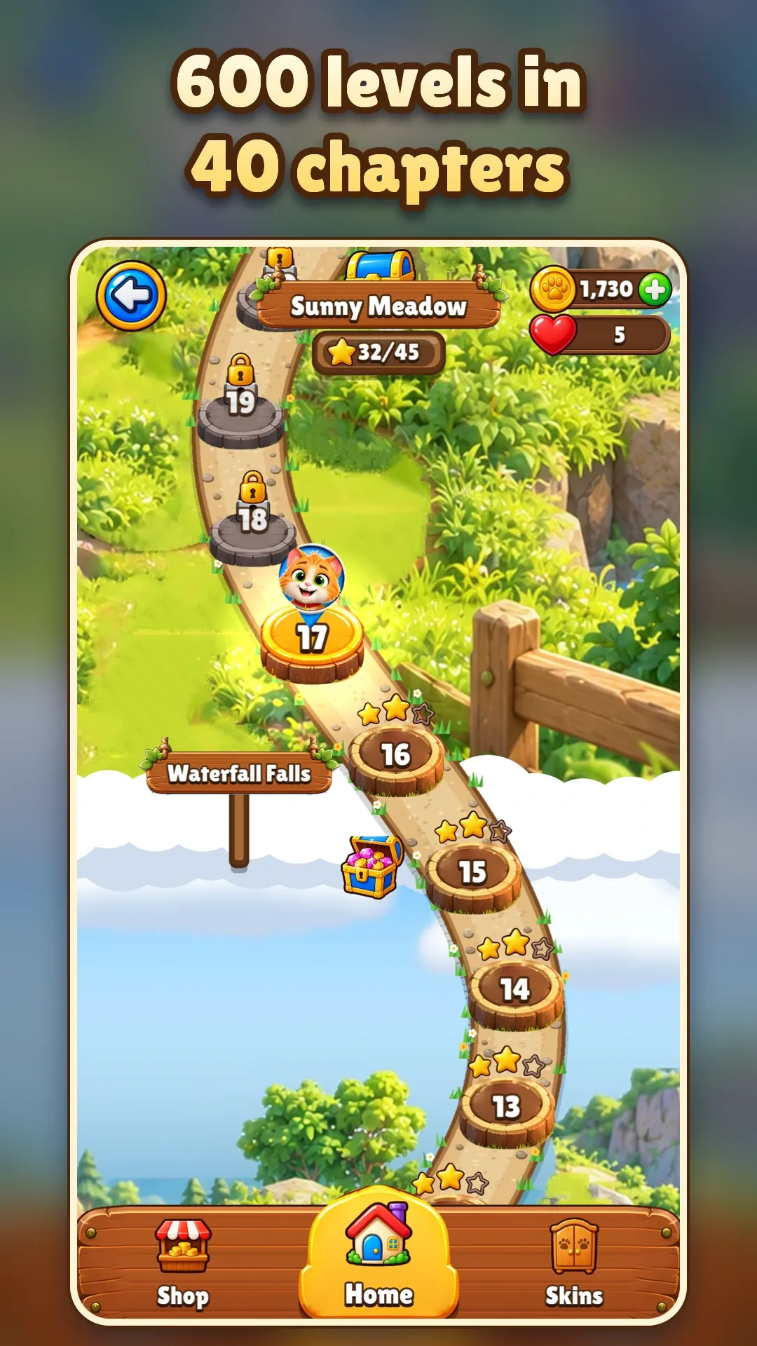 Store screenshot captioned “600 levels in 40 chapters”: the level map winding through Sunny Meadow.