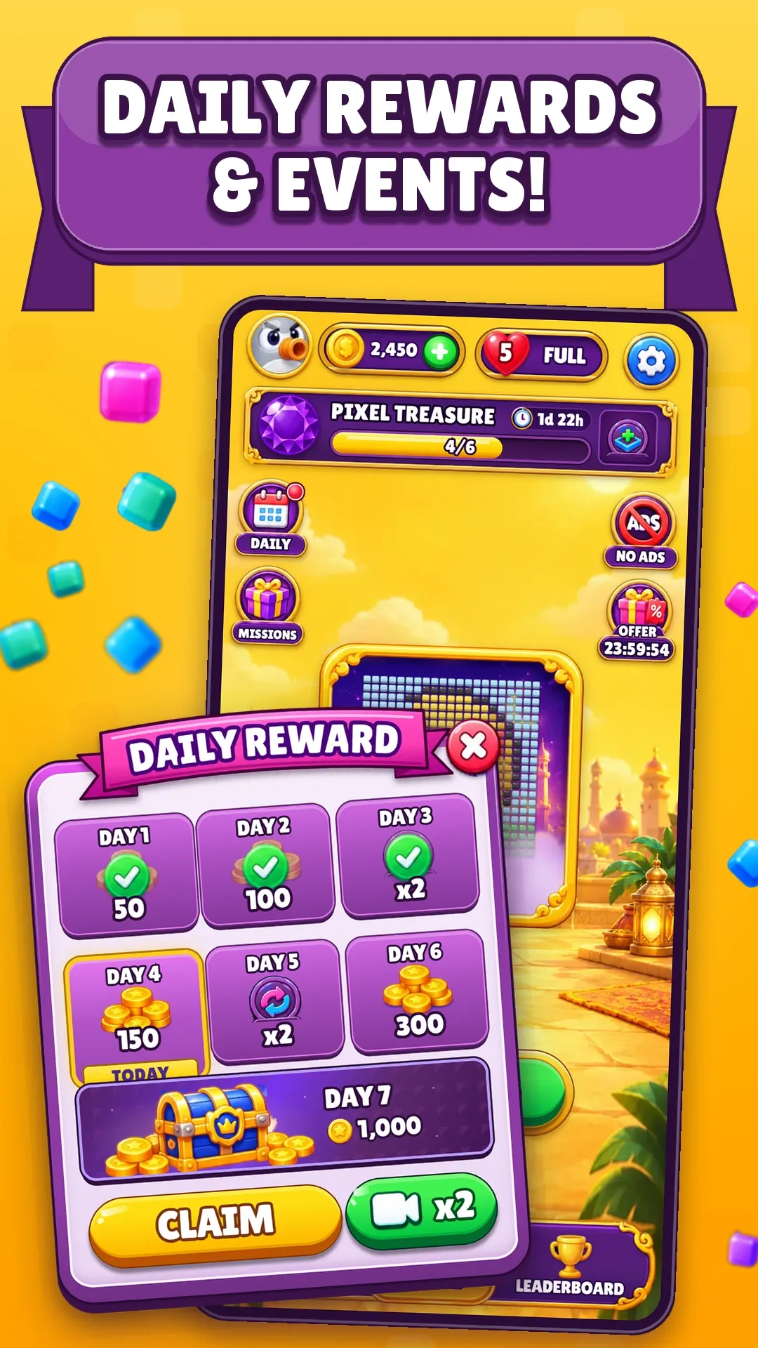 Store screenshot captioned “Daily rewards & events!”: the Daily Reward window with a prize for each of seven days.