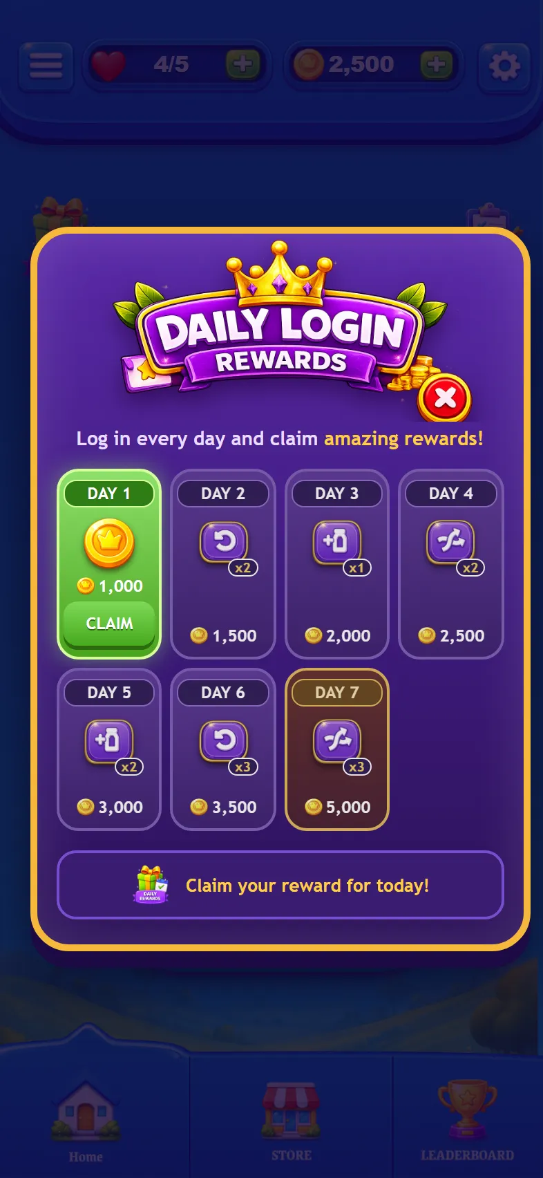 The Daily Login Rewards window, with a reward for each of seven days and day 1 ready to claim.
