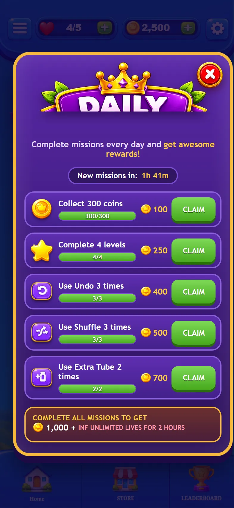 The Daily Missions window listing five missions, such as completing levels and using boosters, each with a coin reward.