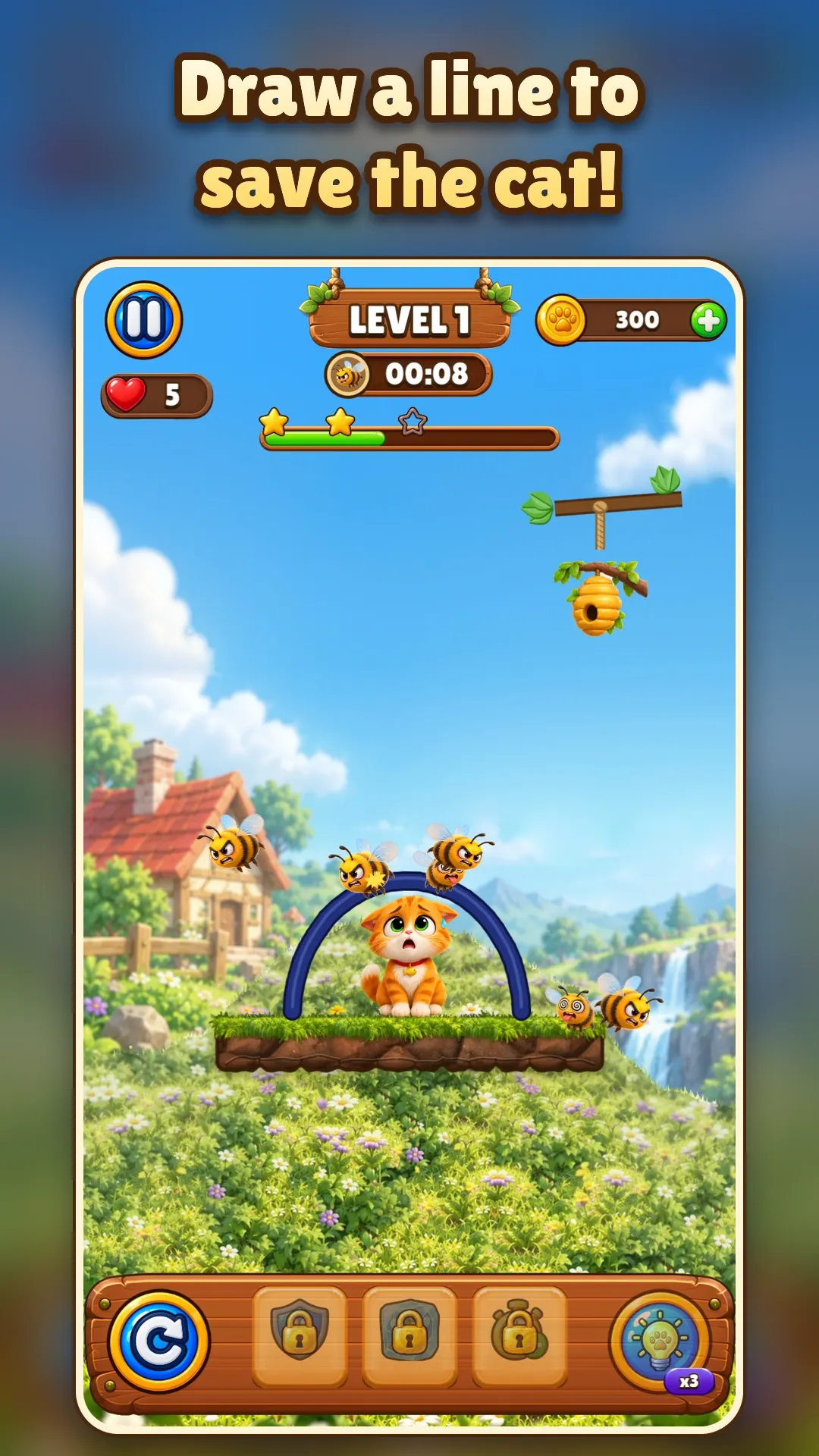 Store screenshot captioned “Draw a line to save the cat!”: a drawn arch shelters the kitten as bees fly at it.