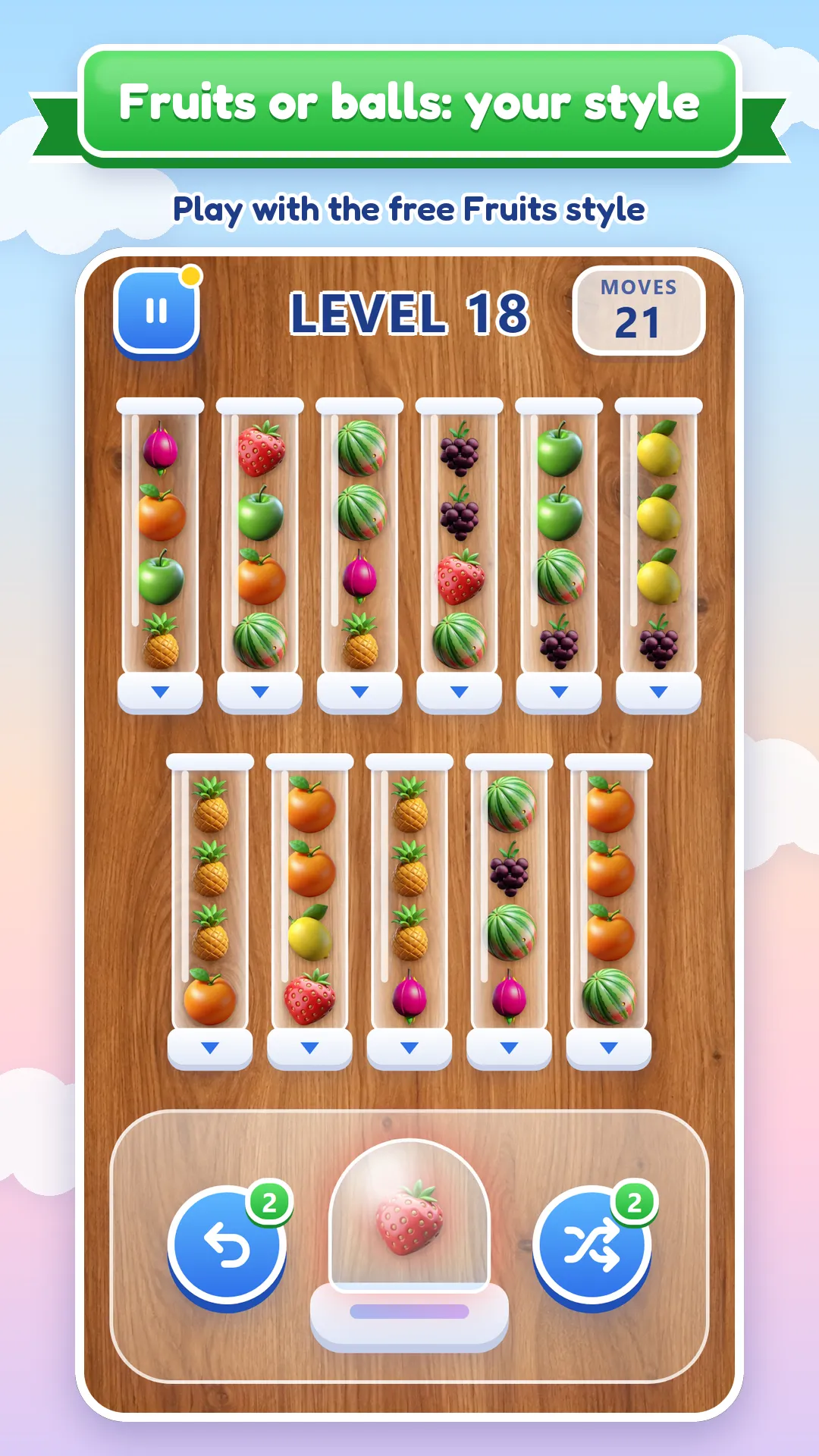 Store screenshot captioned “Fruits or balls: your style”: level 18 played with fruit instead of balls.