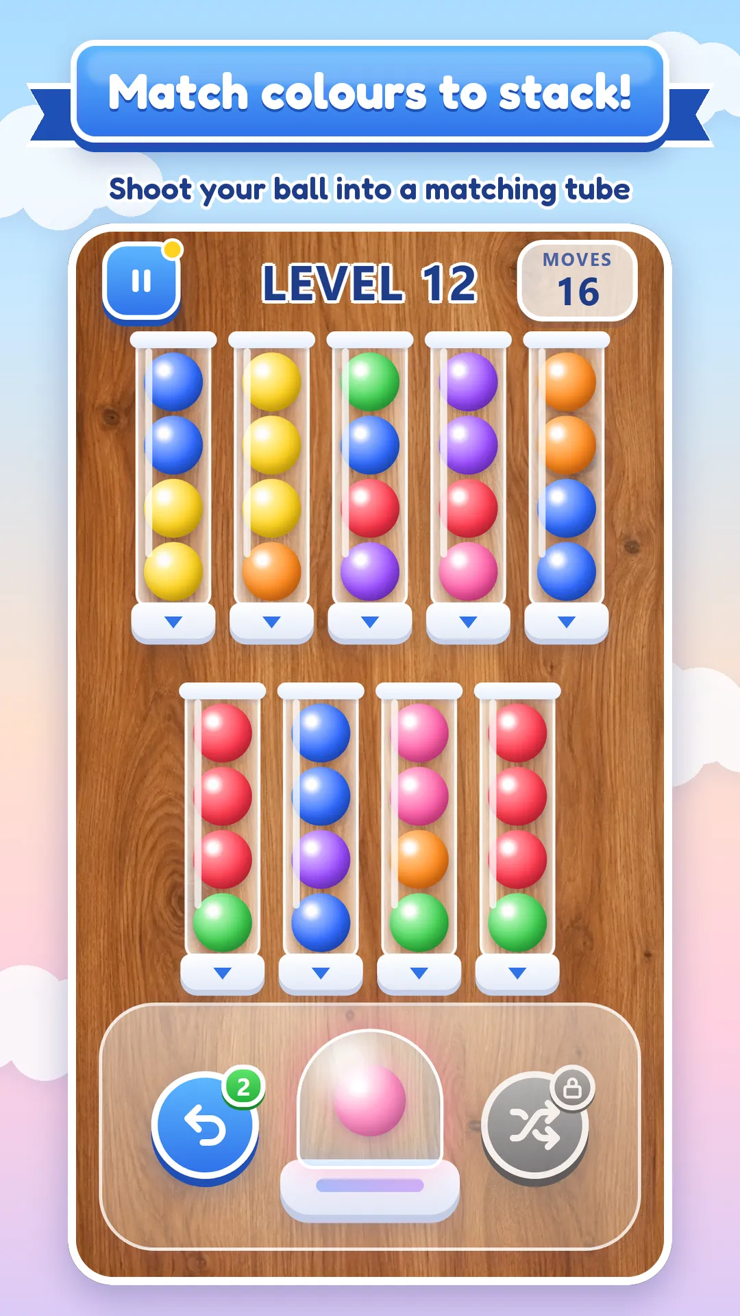 Store screenshot captioned “Match colours to stack!”: level 12, with tubes of colored balls on a wooden board and a pink ball waiting in the launcher.