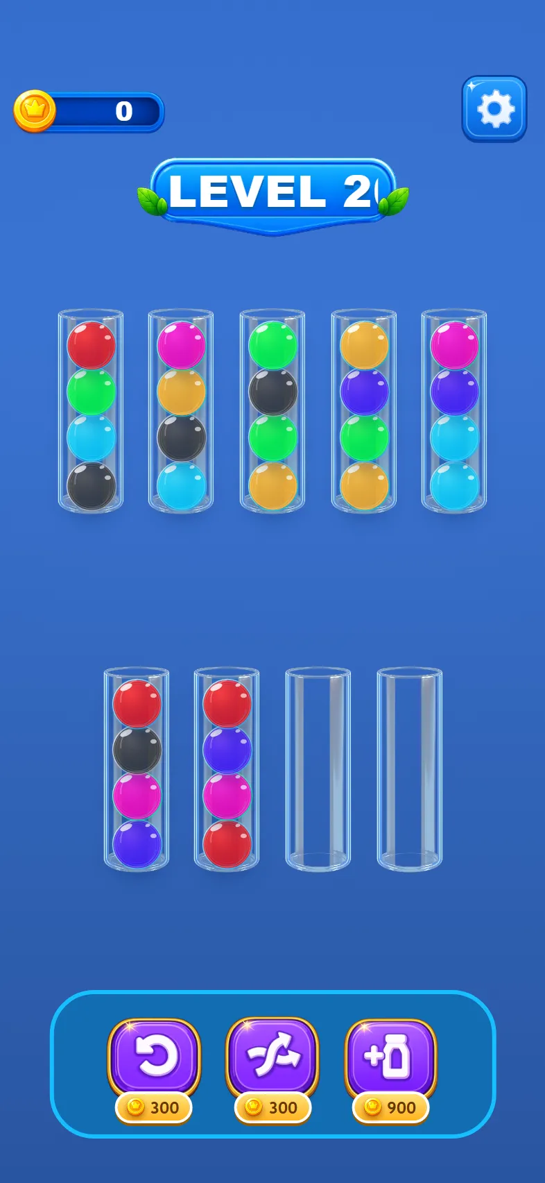 Level 2: nine glass tubes of mixed colored marbles, two of them empty, with the Undo, Shuffle and Extra Tube boosters below.
