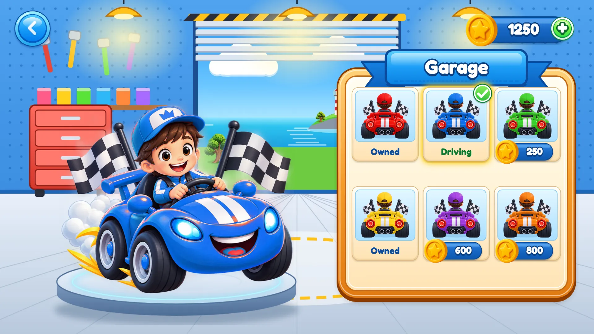 The garage: a blue car is in use, and red, green, yellow, purple and orange cars are owned or priced in coins.