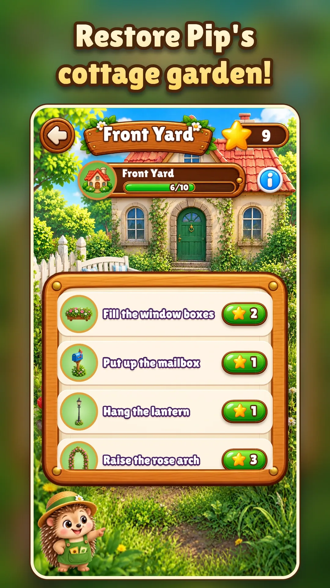 Store screenshot captioned “Restore Pip's cottage garden!”: the Front Yard task list in front of the cottage.