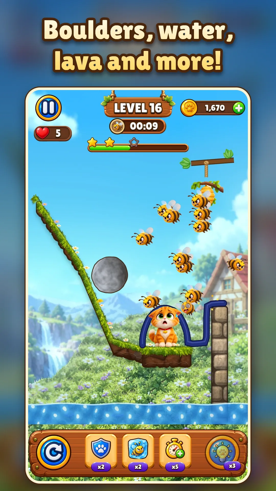 Store screenshot captioned “Boulders, water, lava and more!”: a level with a rolling boulder above the cat and water below.