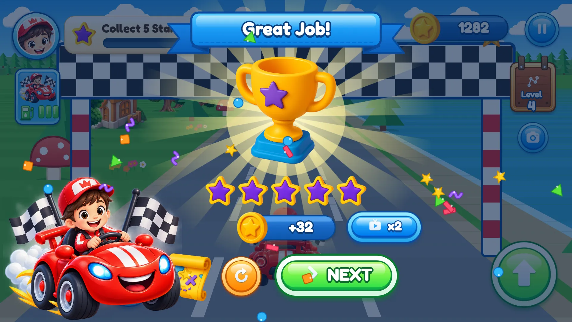 The Great Job! screen after a race: a gold trophy, five stars and 32 coins won.