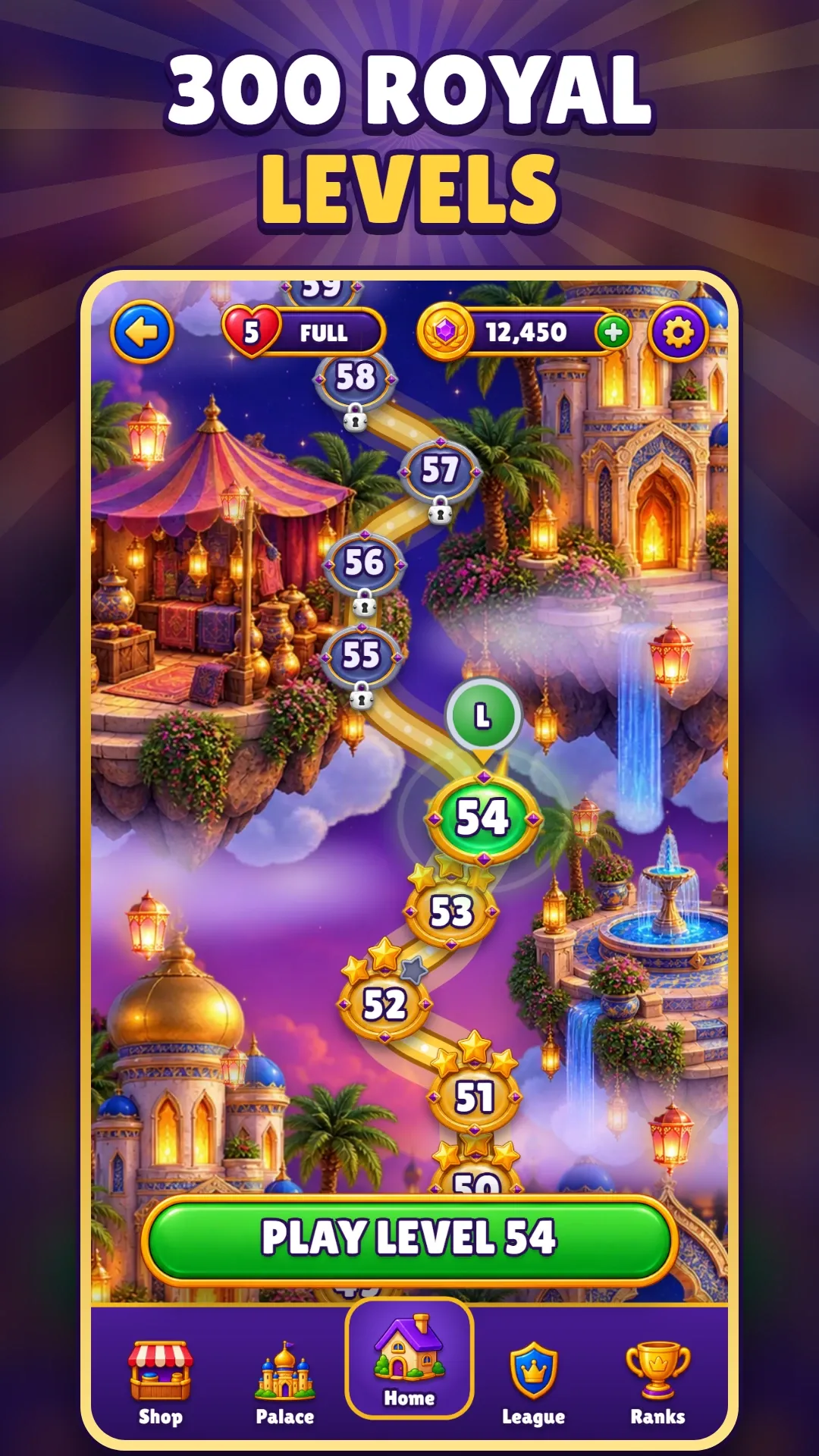 Store screenshot captioned “300 royal levels”: a winding level map through a night palace.
