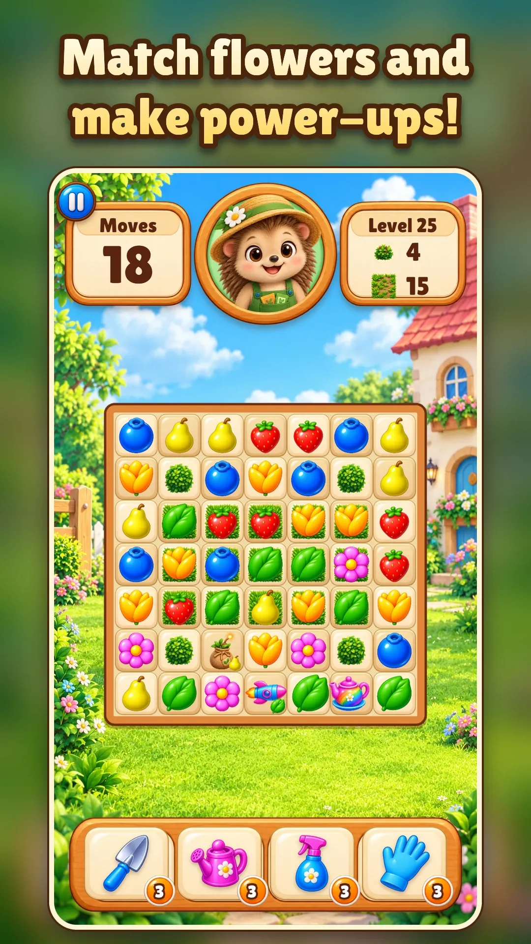 Store screenshot captioned “Match flowers and make power-ups!”: a board of leaves, flowers and fruit, with the moves left and the level goals at the top.