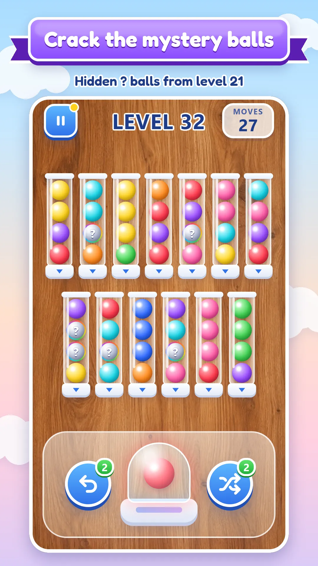 Store screenshot captioned “Crack the mystery balls”: level 32, with hidden question-mark balls among the colors.