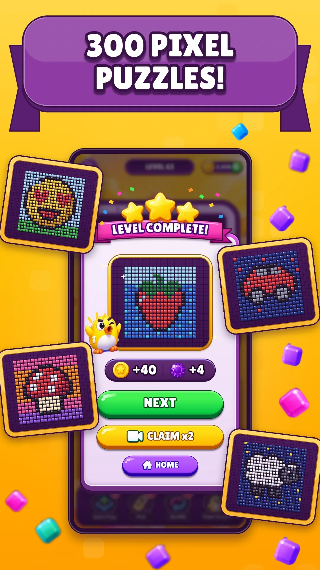 لقطة من المتجر بعنوان “300 pixel puzzles!”: بطاقة اكتمال مستوى فيها فراولة بفن البكسل، تحيط بها صور مكتملة أخرى.