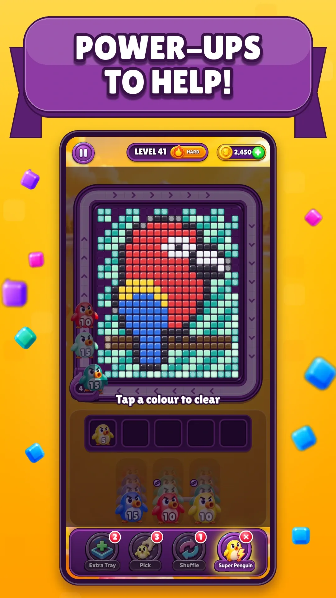 Store screenshot captioned “Power-ups to help!”: a pixel-art parrot with the hint “Tap a colour to clear”, and the four power-ups below.