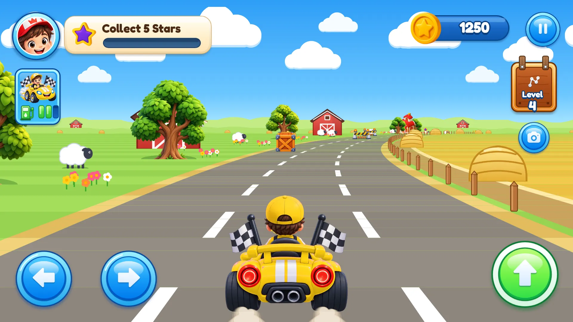 A yellow car racing past red barns, hay bales and a sheep on the Farm road.