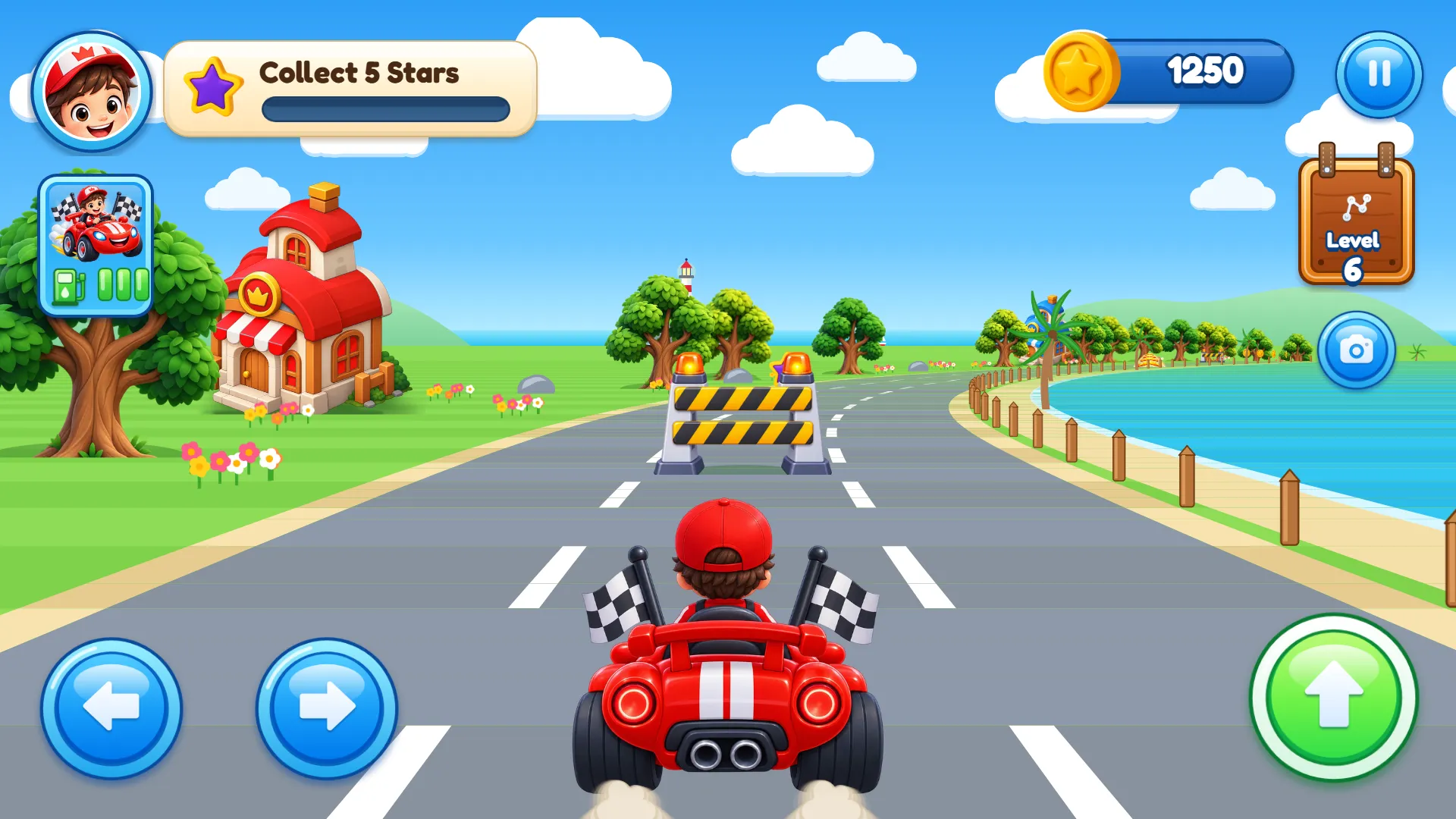 A red car with a young driver racing along the Seaside road toward a barrier, with lane arrows and a green drive button.