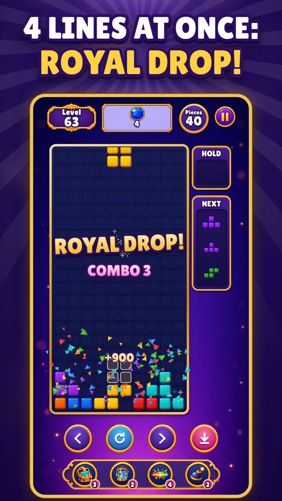 لقطة من المتجر بعنوان “4 lines at once: Royal Drop!”: صفوف تتفجر قصاصات ملوّنة تحت عبارتي Royal Drop! وCombo 3.