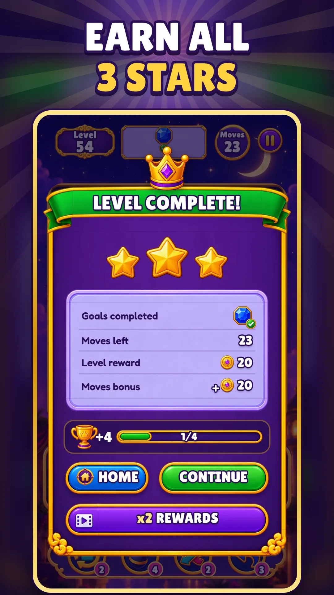 Store screenshot captioned “Earn all 3 stars”: the Level Complete window with three gold stars.