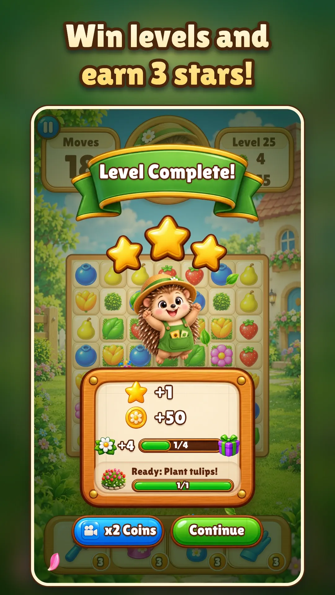 Store screenshot captioned “Win levels and earn 3 stars!”: the Level Complete window with three stars.