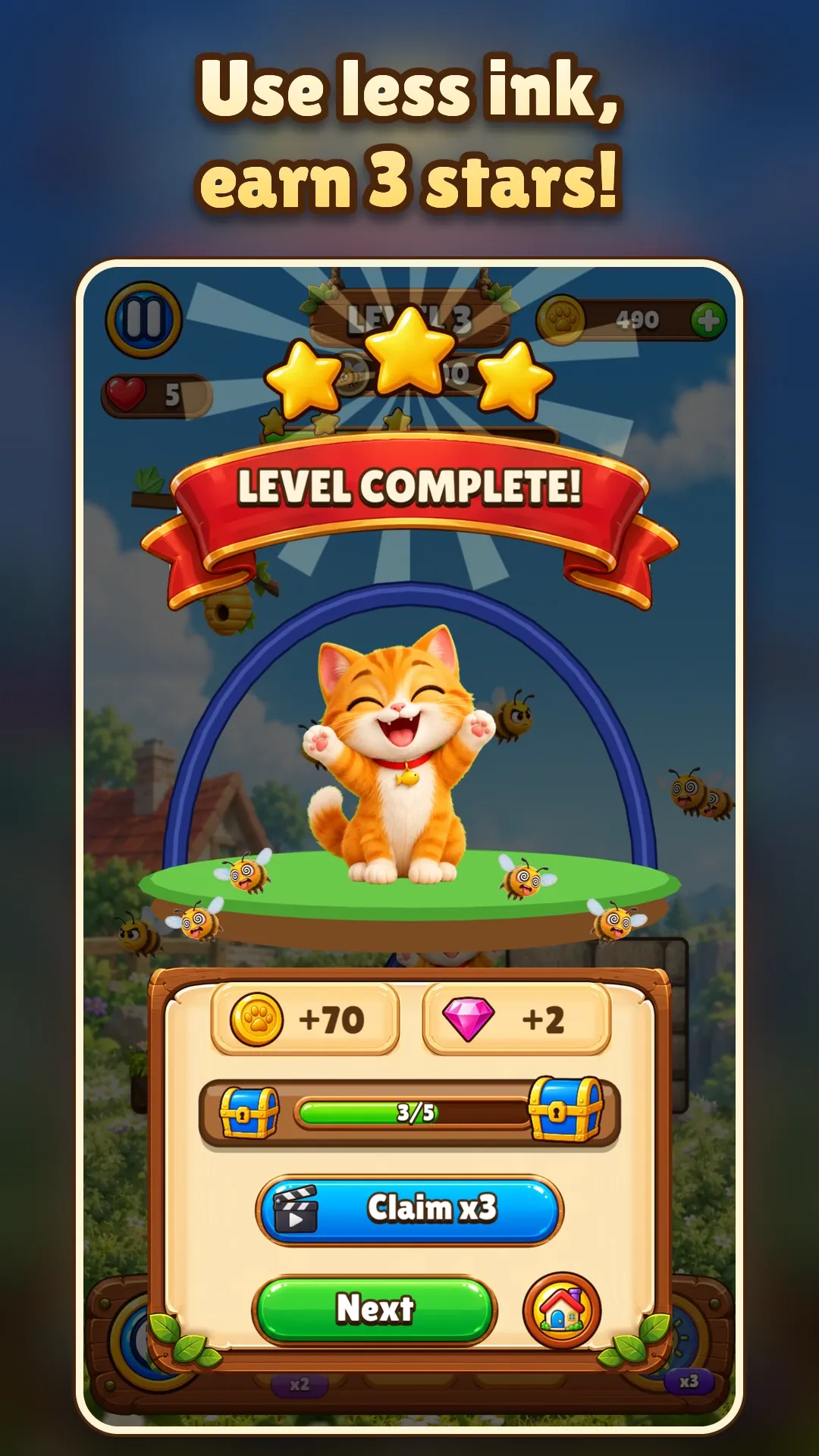 Store screenshot captioned “Use less ink, earn 3 stars!”: the Level Complete banner with three stars over the happy kitten.