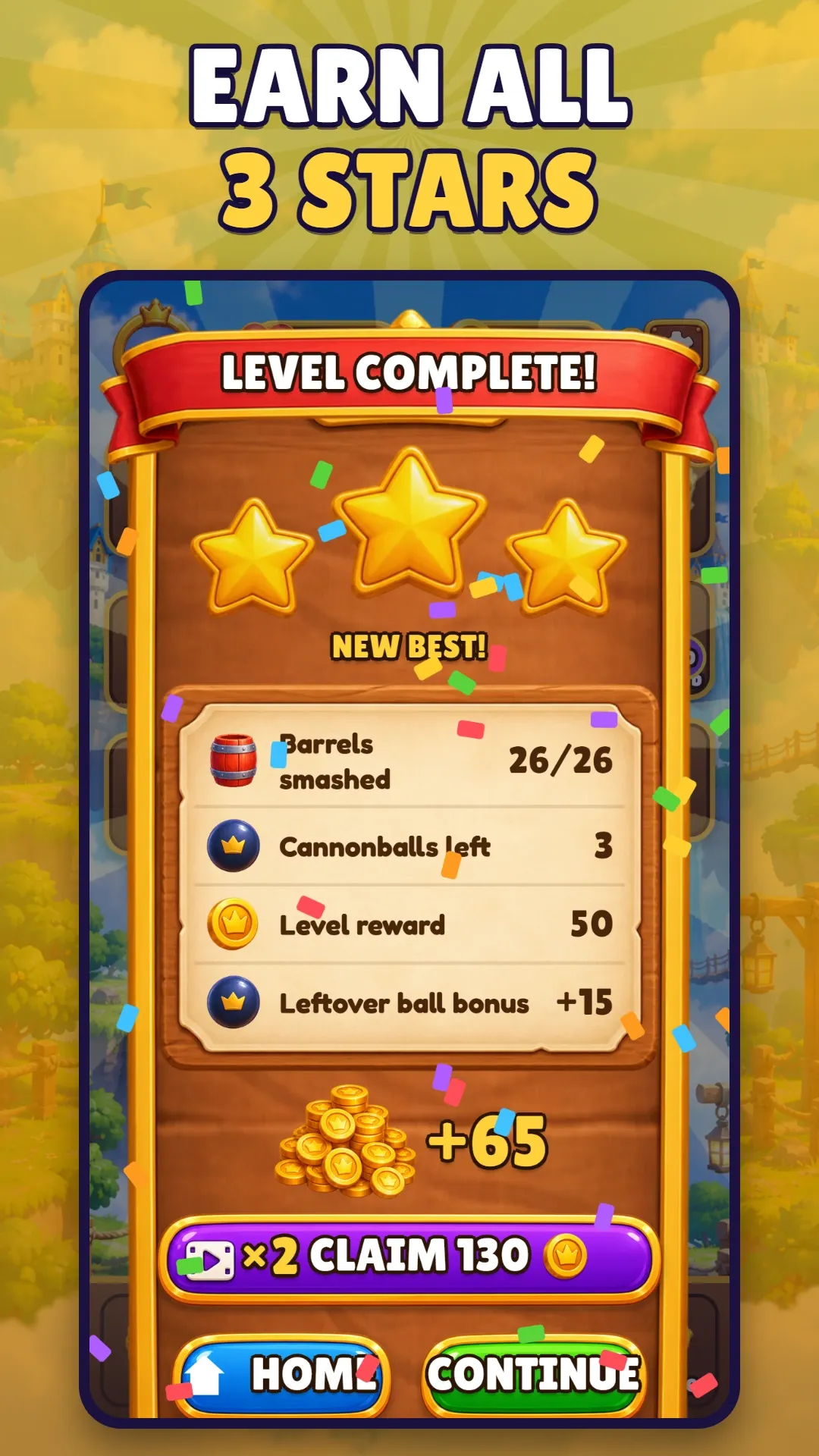 Store screenshot captioned “Earn all 3 stars”: the Level Complete window with three stars and the level's results.