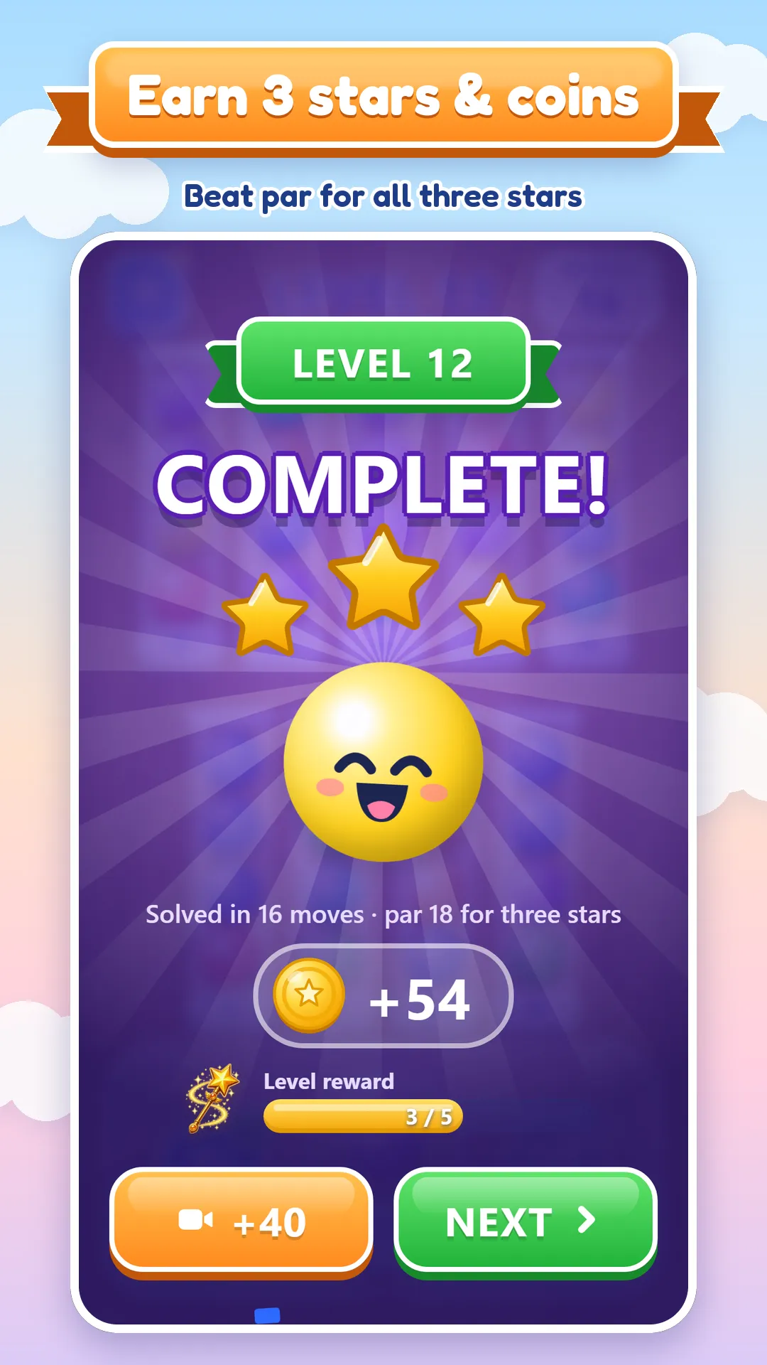 Store screenshot captioned “Earn 3 stars & coins”: level 12 complete with three stars and 54 coins.