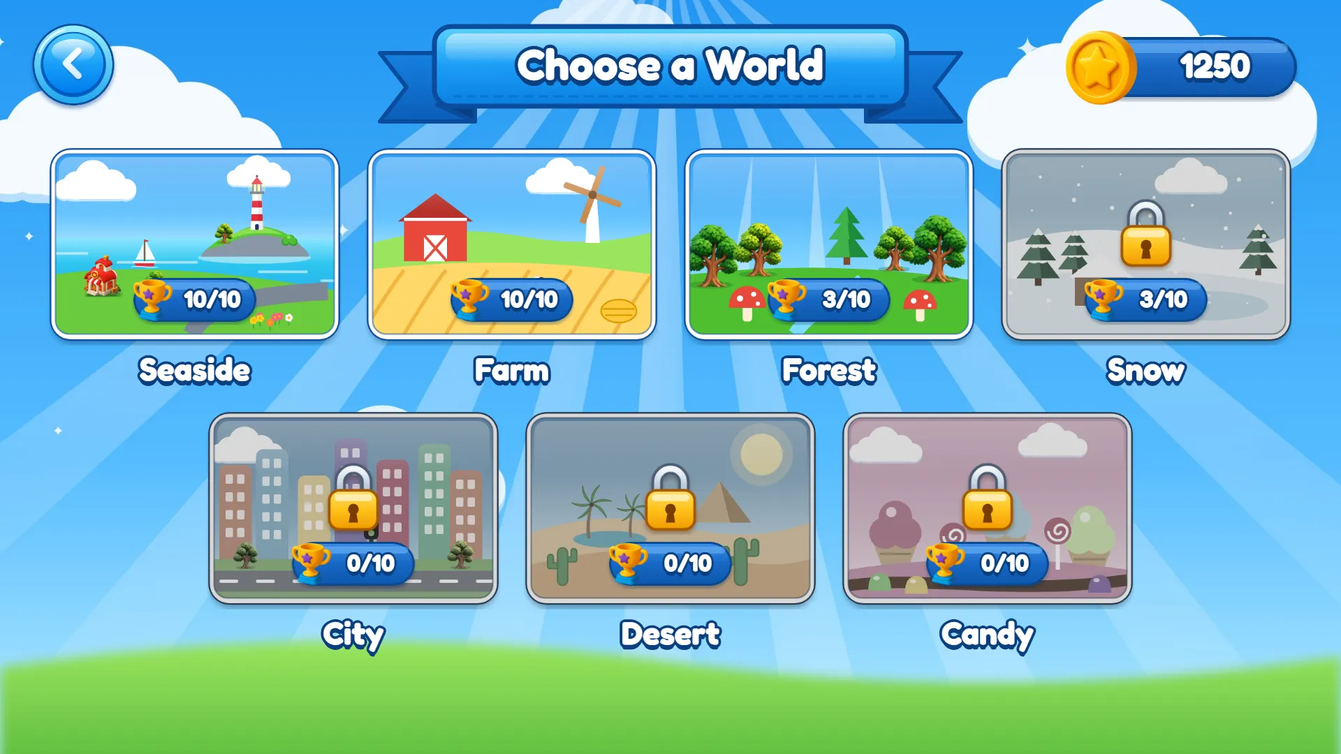 The Choose a World screen: Seaside, Farm, Forest, Snow, City, Desert and Candy.